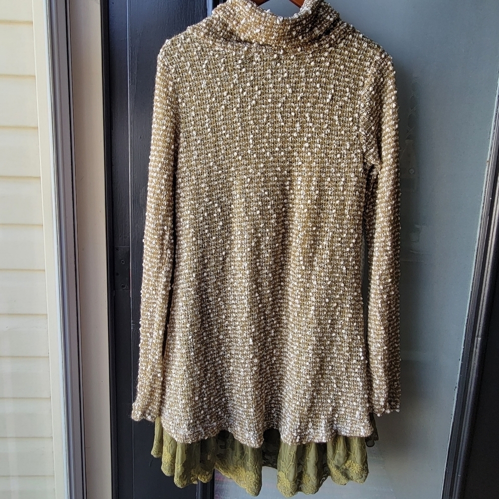 Altar'd State Green/White SWEATER DRESS Size Large Long Sleeve Lace Trim Floral - Picture 6 of 9